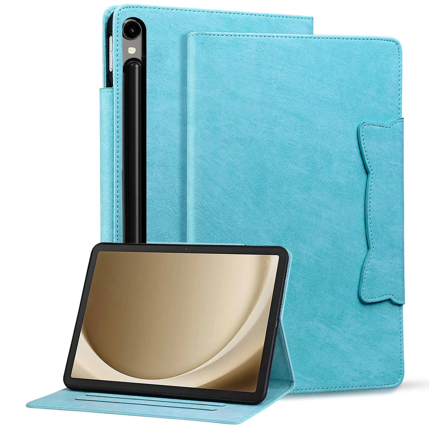 

Для Samsung Galaxy Tab S10 FE + чехол с кошачьей пряжкой, кожаный защитный чехол-подставка - небесно-голубой