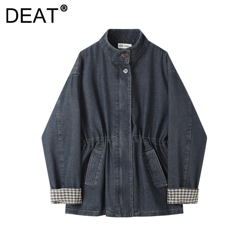 DEAT Women's Denim Trench Coat Stand Collr Plush Single Breasted Waist Pliad Cuffs Sleeve Windbreaker 2024 Winter New Fashion