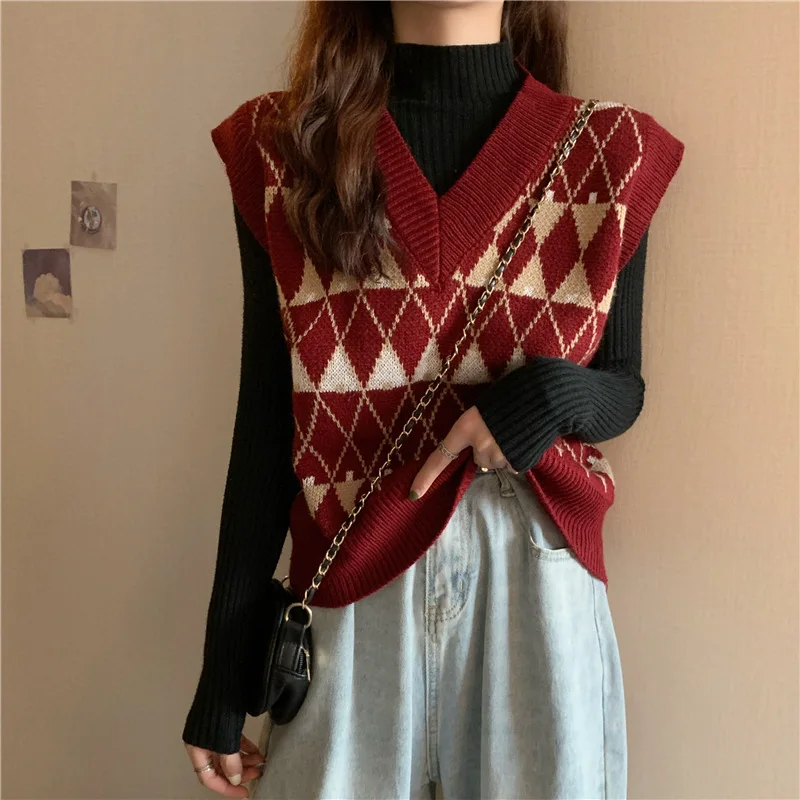 Womens Red Plaid Knitted Vest V-neck Waistcoat Sleeveless Jumper Sweater Tank Top Female Outerwear