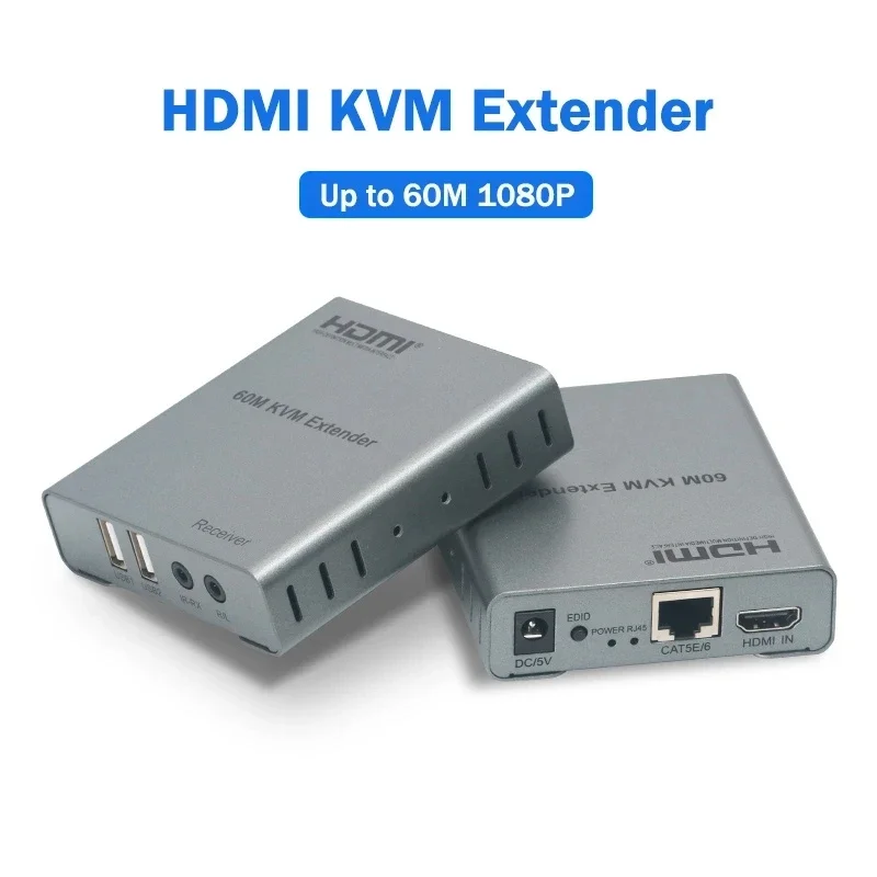 60M HDMI KVM Extender Over Ethernet Cat5e/6 Cable 1080P HDMI USB KVM Extender with IR & Audio Support Mouse Keyboard for PC DVR