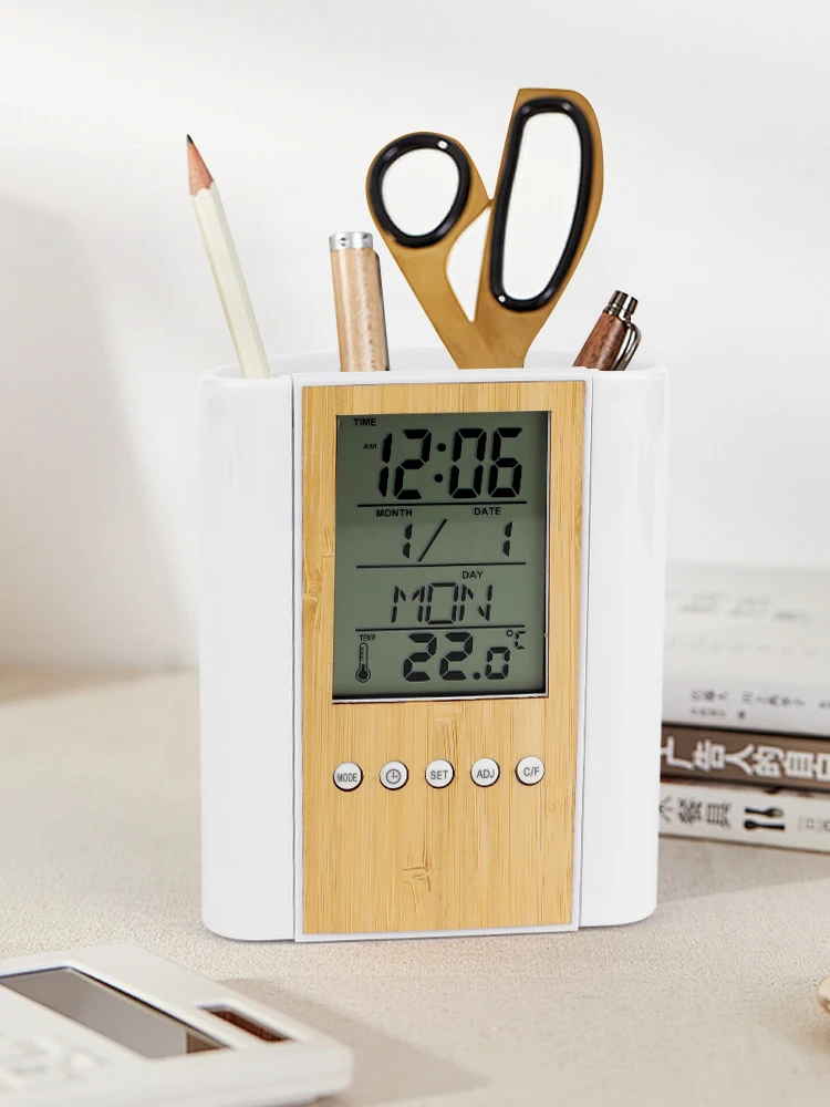 Bamboo sheet eco-friendly decorative panel, date alarm clock time display pen holder