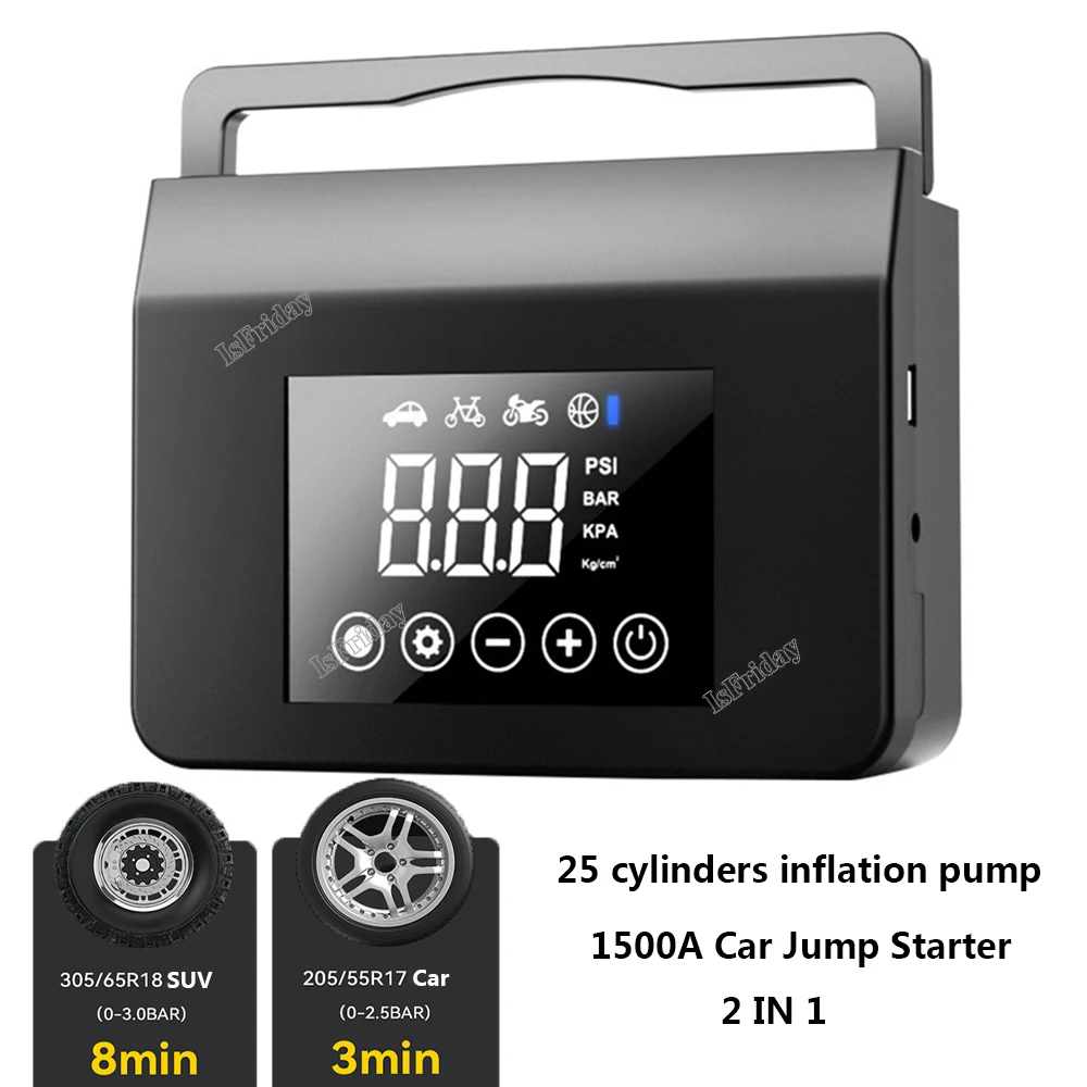 

Car Jump Starter 4 in 1 Pump Air Compressor 1500A Power Bank 12V Digital Tire Inflator 150PSI Emergency Battery Booster