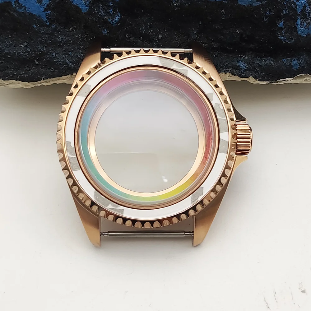 42mm Men's Watch Mechanical Case Fittings, Gold/Pink Gold Plated Case, NH35 Case, Sapphire Crystal, Transparent Back