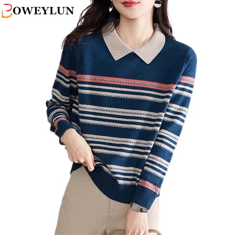 

BOWEYLUN Lapel Striped Long Sleeves Bottom Shirt Women's Fashion Retro Pullover Tops Autumn Female