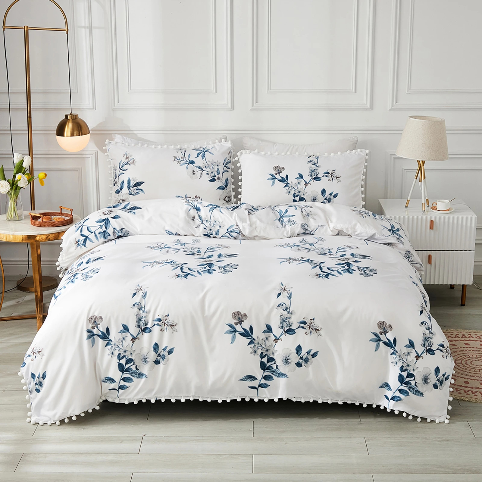 Leaves Botanical Bedding Set Blue Flower Duvet Cover Set Pom Pom Bedding Set Shabby Pastoral Bedding Set Vintage Duvet