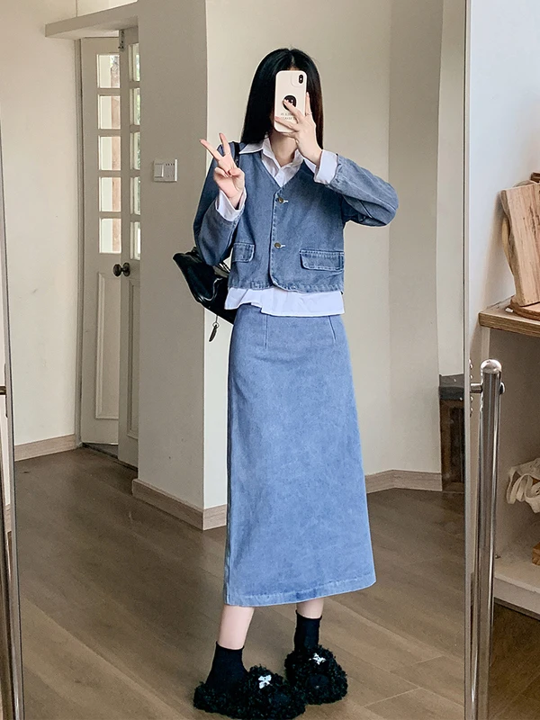 

Korean Sle Retro Denim Faionable Set High Waist Skirt Top And Bot Matching Women's Design Sensation Fake Two-Piece