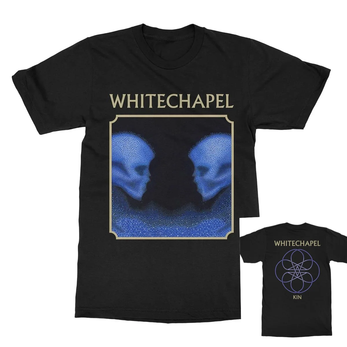 Whitechapel Band Double Side Print with Gold Band Name Blue Dot Painting Twin Skulls Front and KIN Album Occult Geometric