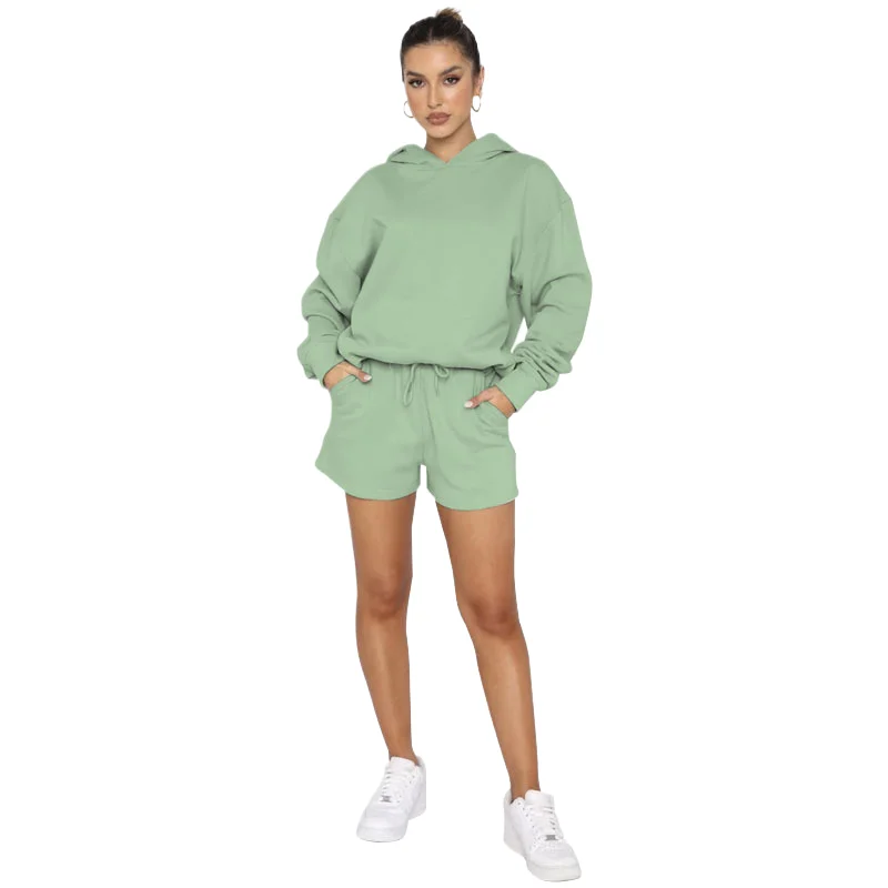 

Casual Sporty Style Hoodie Two Piece Set Women Solid Color Hooded Sweatshirt Drawstring Shorts 2 Piece Sets Fashion Lady Suits