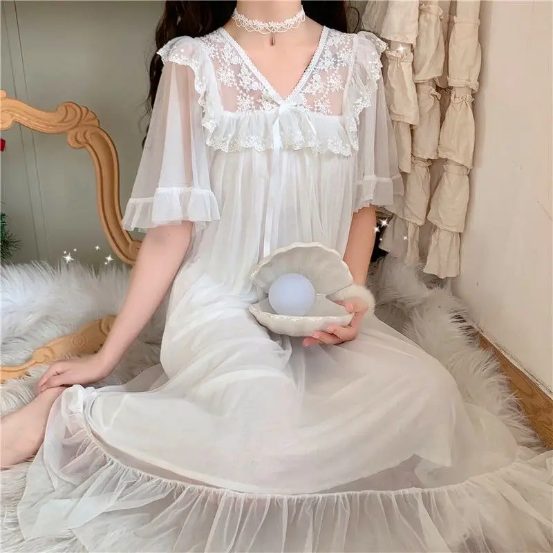 M-4XL Nightgowns Women Sleepwear White Midi V-neck Sweet Ruffles A-line Spliced Temper Elegant Lounge Summer Aesthetics Home Ins