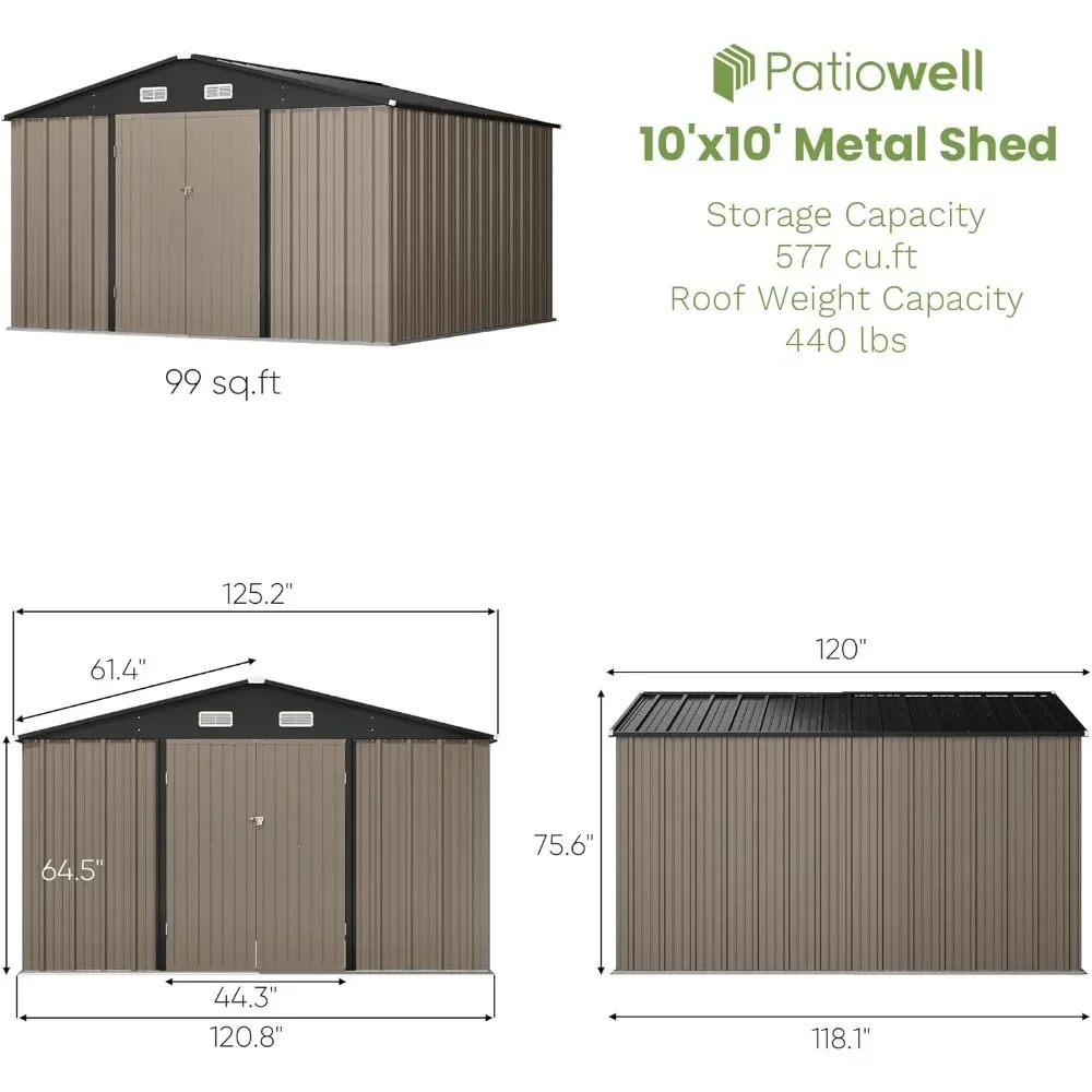 Abri de rangement extérieur 10x10 pieds, abri de cour en métal, conçu avec des portes verrouillables pour ranger des outils pour une utilisation en extérieur