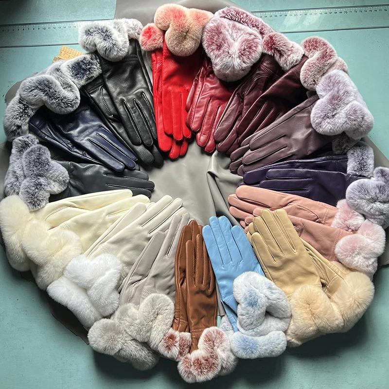 Autumn winter women's genuine leather gloves 100% real rex rabbit fur genuine sheepskin mittens black red blue pink