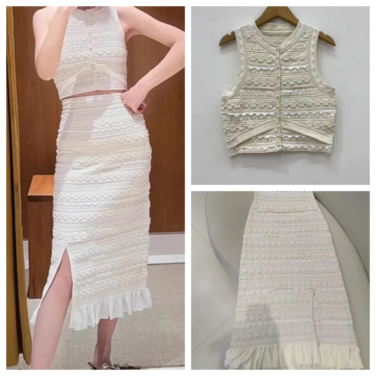 

Women Hollow Out Knitted Set Three Dimensional Flowers Pearl Buttons O-neck Vest Tops or Ruffles Slit Midi Skirt Lady Suit