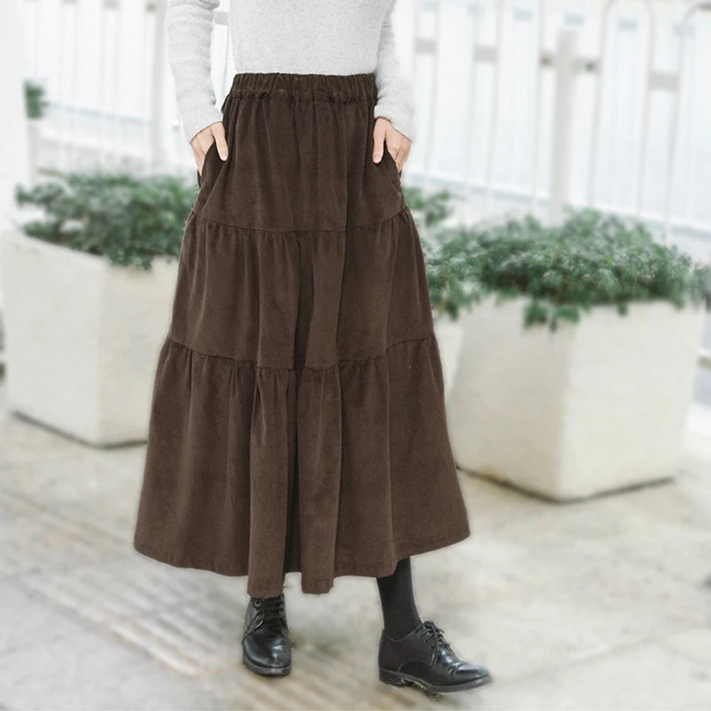 Corduroy Cotton Women'S Skirt Casual High Waist Korean Fashion Japanese Long Skirt Faldas Para Mujeres