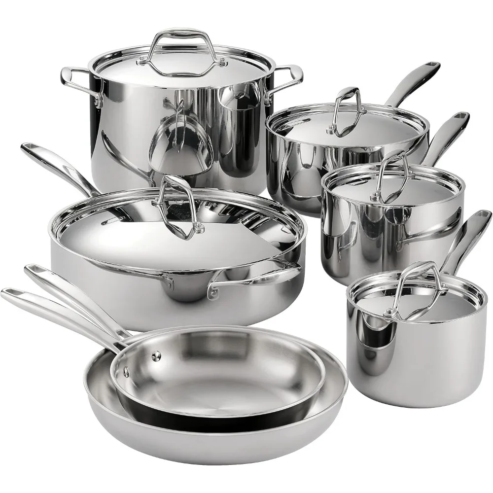 

Tri-Ply Clad Stainless Steel 12-Piece Cookware Set with Lids, Pots and Pans Kitchen Set, Induction-Ready, Dishwasher-Safe, NSF-