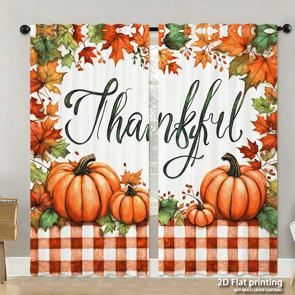 2-piece set of high-definition digital printed curtainsThanksgiving watercolor pumpkins checkered tablecloth autumn leavesHome d