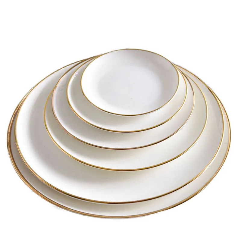 Household Ceramic Plate Round White Gold Rim Shallow Dish Holiday Gift Breakfast Salad Tray Dinner Steak Dishes Tableware