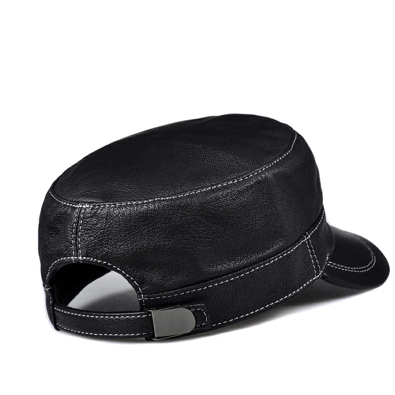 Trendy Lambskin Leather Flat Top Hat Men Single Korean Fashion Panelled White Stitch Casual Duck Tongue Cap Male Trucker Hats