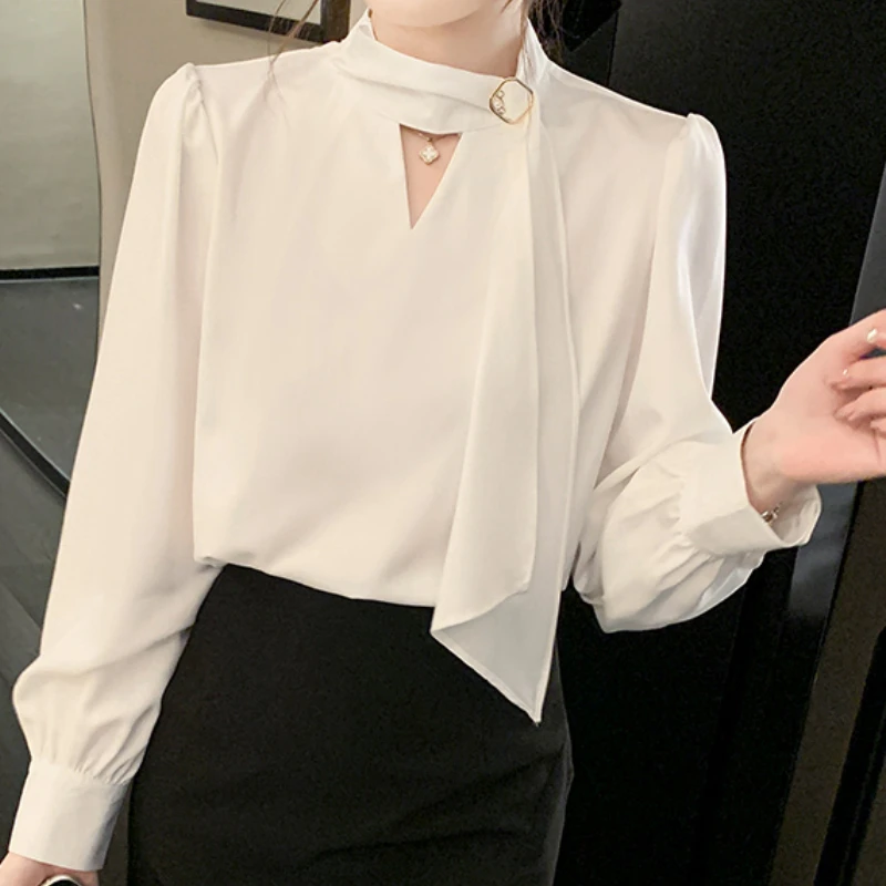 Fashion Elegant Chiffon Blouses for Women Clothing White O-Neck Long Sleeve Shirts Solid Lace-up Office Ladies Tops Dropshipping