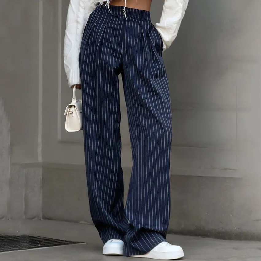

Navy Blue Vintage-Style Striped Casual Wide-Leg Pants 2026 European And American New Autumn Fashion Versatile Women's Trousers