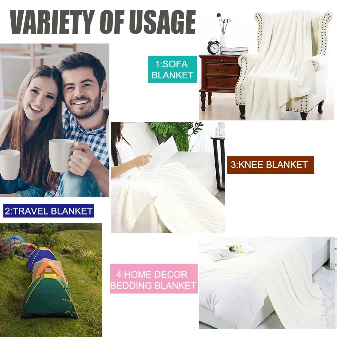 

100% Cotton Cable Knit Throw Bed Blanket Beige 51 X 59