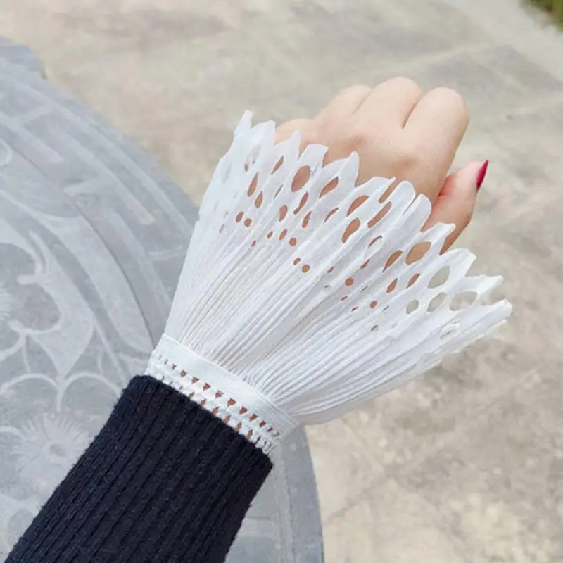 49ME Vintage Womens Pleated Ruffles Horn Cuffs Hollow Out Embroidery Floral Lace Fake Sleeves Double Layer Sweater Wristband