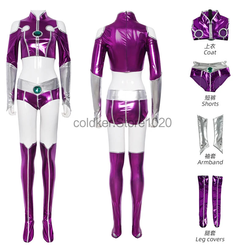 conjunto-de-4-uds-de-traje-zentai-de-licra-sexy-de-titan-starfire-para-mujer-tops-cortos-morados-de-anime-pantalones-cortos-cubiertas-para-piernas-conjunto-de-disfraces-de-carnaval-de-halloween