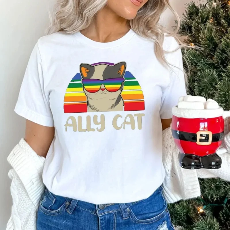 LGBTQ Ally Shirt Rainbow Ally Cat Pride Month  LGBT People T Shirt  Activist Love Is Love Tee Cotton T-shirt Top Pride Ally Cat