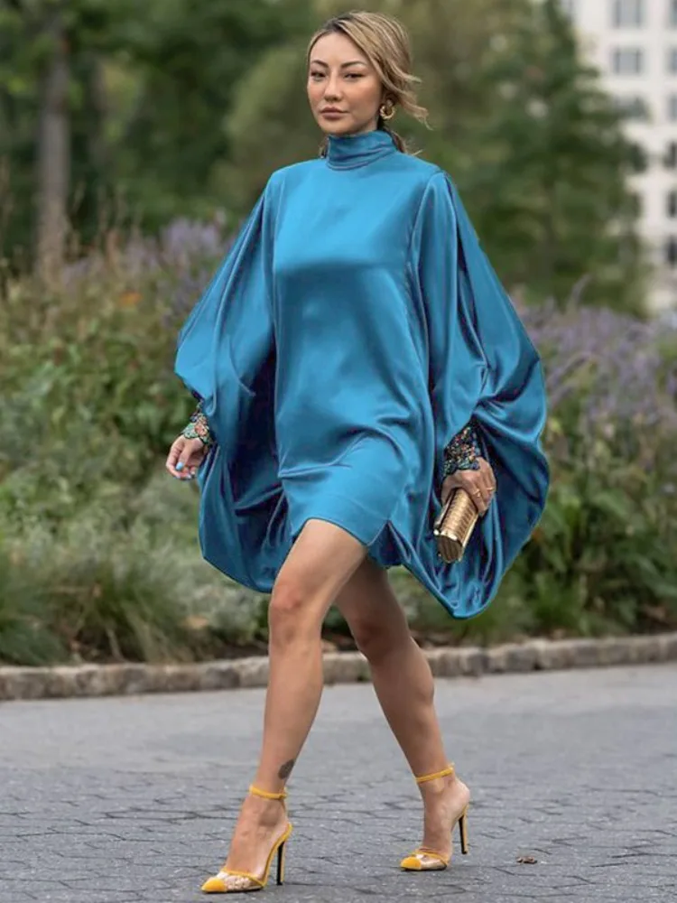 

Gymystars New Batwing Sleeves Dress Women's Mini Dresses Fashion Loose Buttoned High-Neck Elegant Blue Female Going Out Clothes