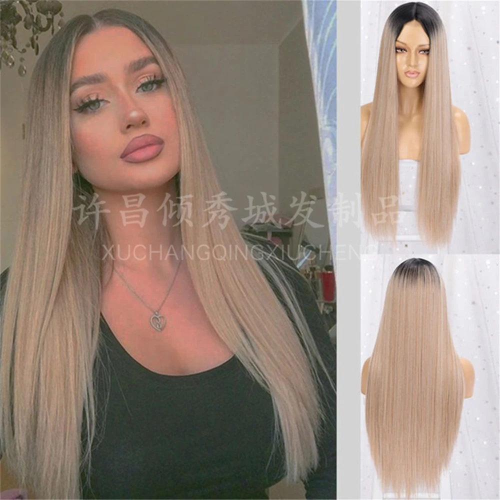 Medium wig, gradient black gold long straight hair, synthetic forehead small lace wig cover, suitable for daily women