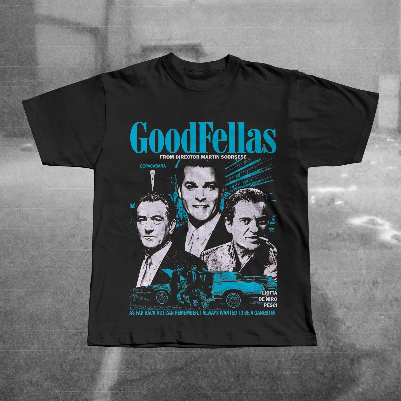 Front Print Retro Gangster Crime Movie Triple Male Character Car Scene Collage Bright Blue Bold Text Loose Oversized Street Tops