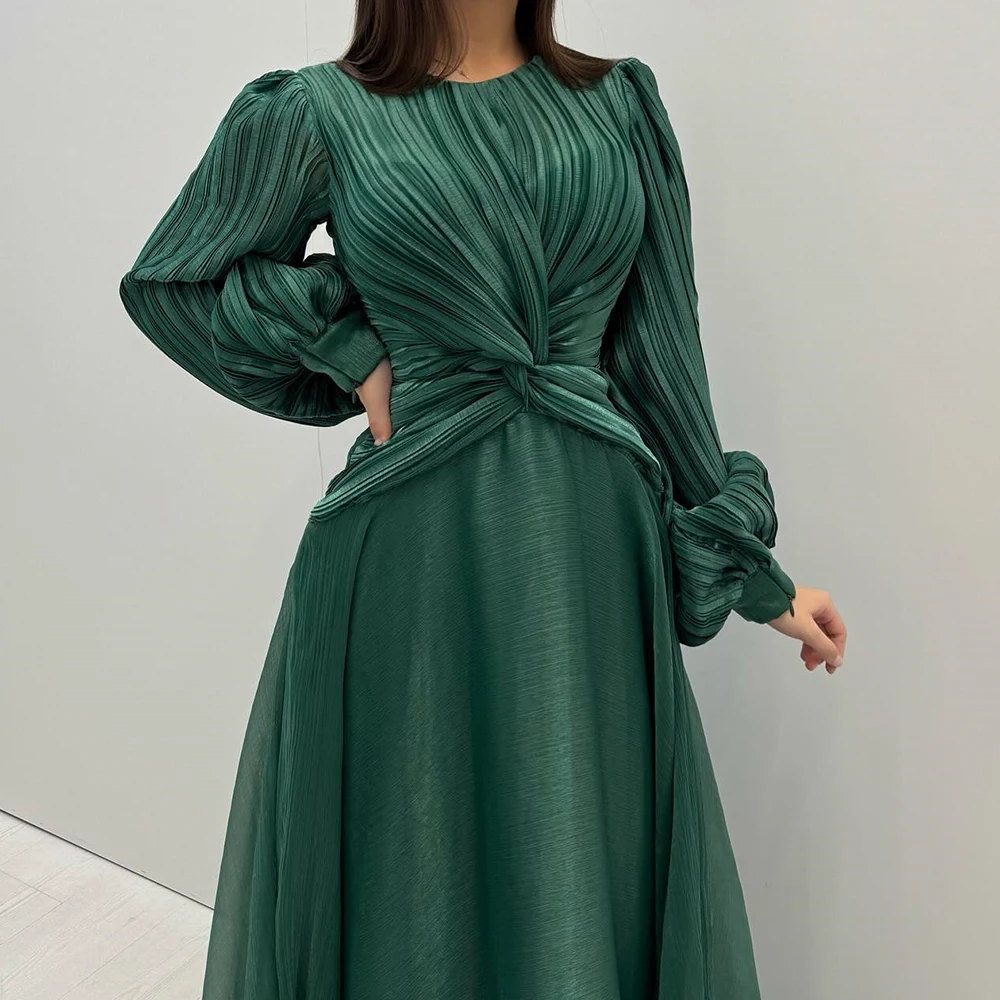 Vestidos de Noche acampanados personalizados, vestido de fiesta de manga larga con cuello redondo hasta el suelo, vestido de fiesta informal drapeado Simple plisado a la moda