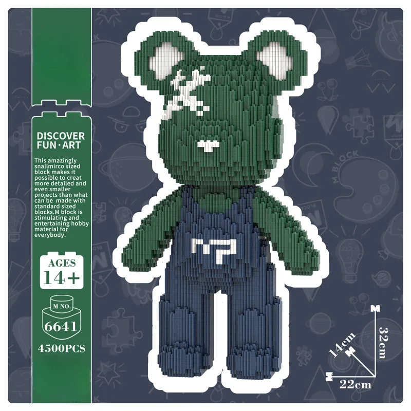 32Cm Dark Green Strap Bear Tiny Particles Building Block Assembly Educational Toys Boys and Girls Brain Birthday Gift Ornament