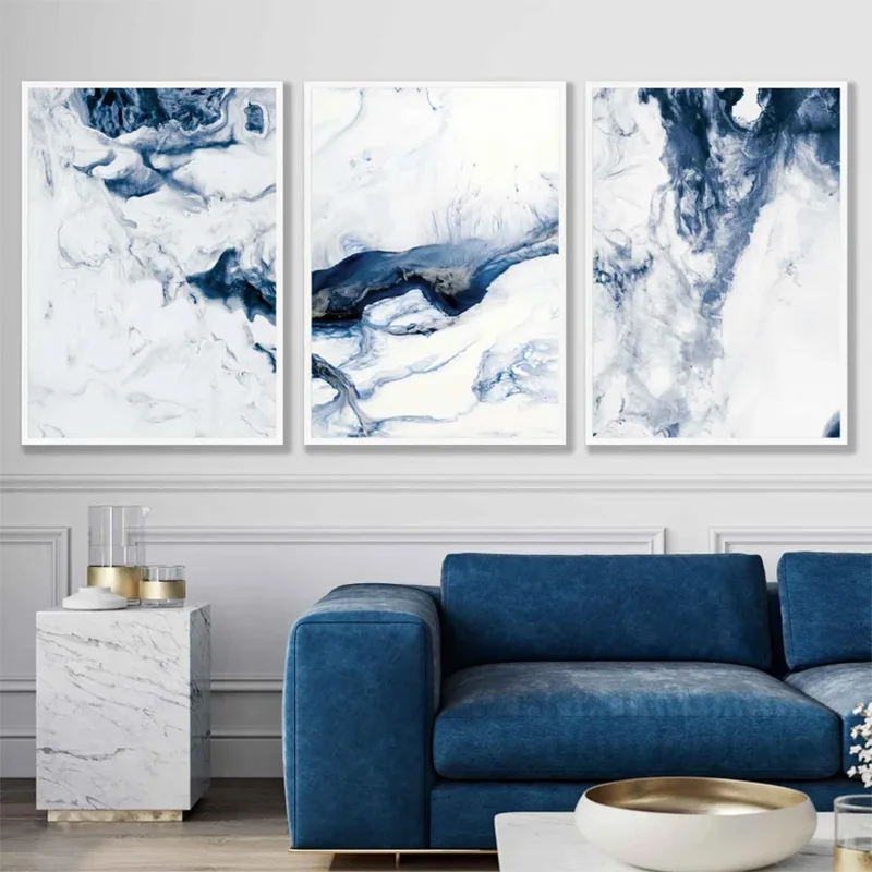 

Set of 3 Abstract Ocean Navy and White Canvas Paintings Modern Atmosphere Minimalist Gallery Art Poster Bedroom Wall Art