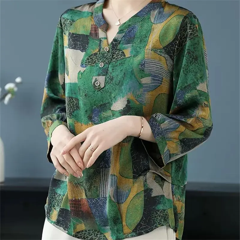 Casual Vintage Female Printed 3/4 Sleeve Tops 2023 Summer Loose All-match Round Neck Spliced T-shirt Fashion Women\'s Clothing