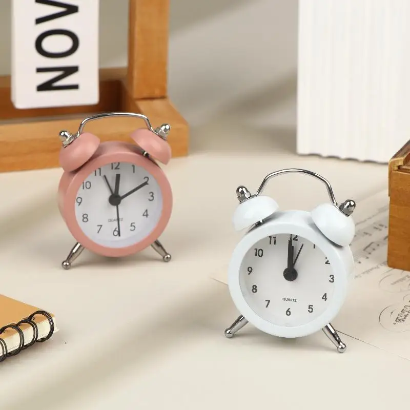 Mini Retro Twin Bell Alarm Clock Non-Ticking Silent Loud Wake Up Timer for Heavy Sleepers Kids Bedroom Desktop Office Decoratio