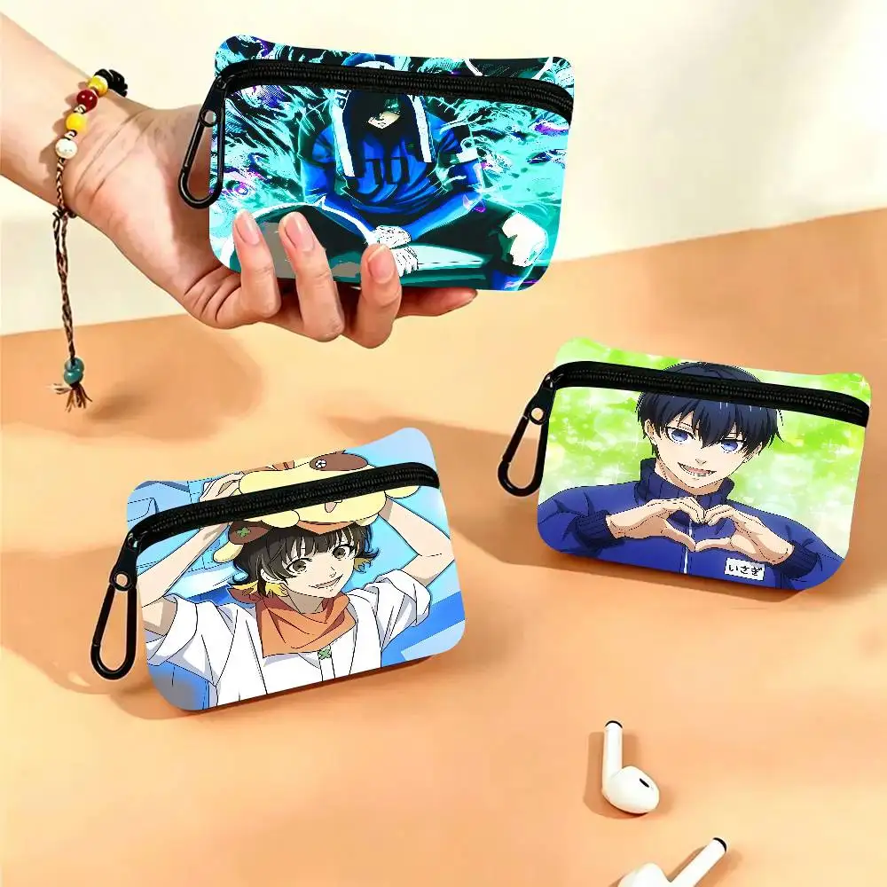 B-BLUE Anime LOCK White Oxford Cloth Zipper Coin Purse Lightweight Hanging Key Pouch Card Holder For Daily Use