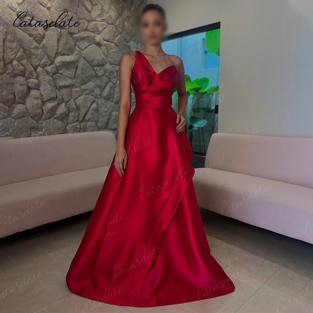 

Catasdate Satin Evening Dress One Shoulder Satin Prom Dress A Line Pleats Wedding Guest Dresses vestidos de fiesta Customized