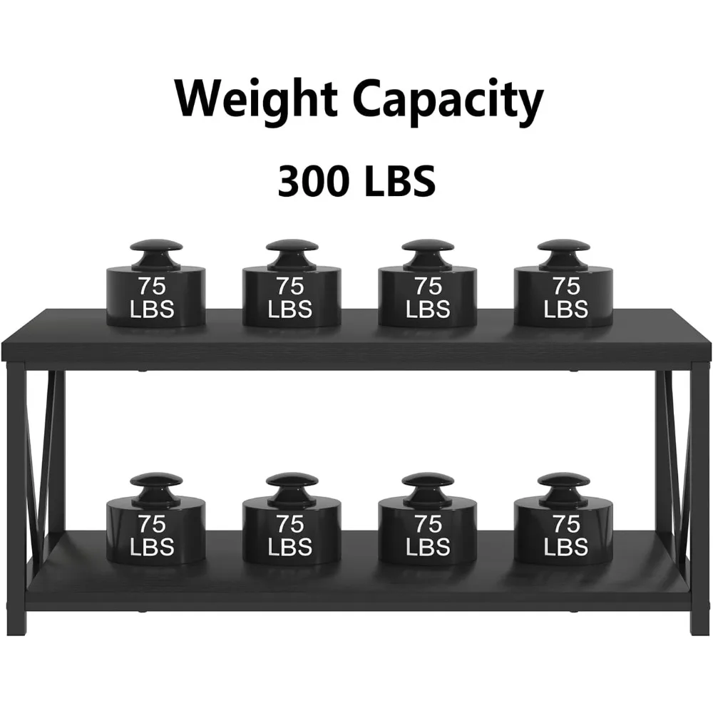 Small Coffee Table, Modern Living Room Tables with Storage Shelf, Rustic Wood Rectangle Center Table, 2 Tier Wooden Low