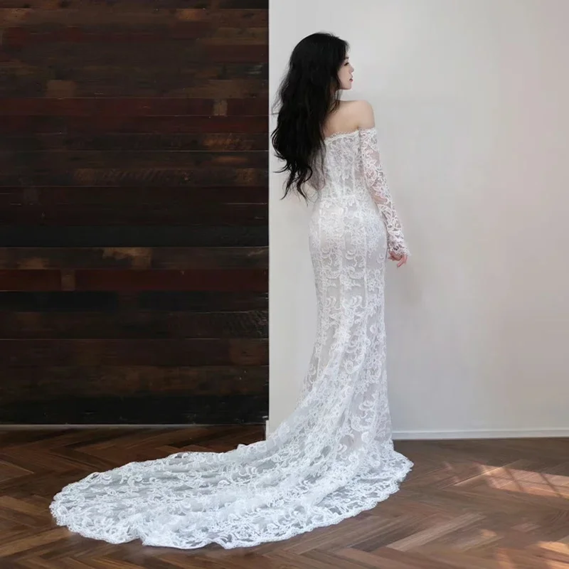 Flavinke Abiti da sposa personalizzati Sirena in pizzo per la sposa Eleganti maniche lunghe al largo della spalla Taglie forti Abiti da sposa