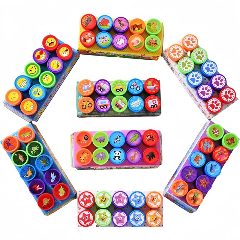 10Pcs Mix Cute Cartoon Stamps Boxed Assorted Seals Set DIY Painting Decoration Stationery Supplies Teacher Reward Prize Gift Toy