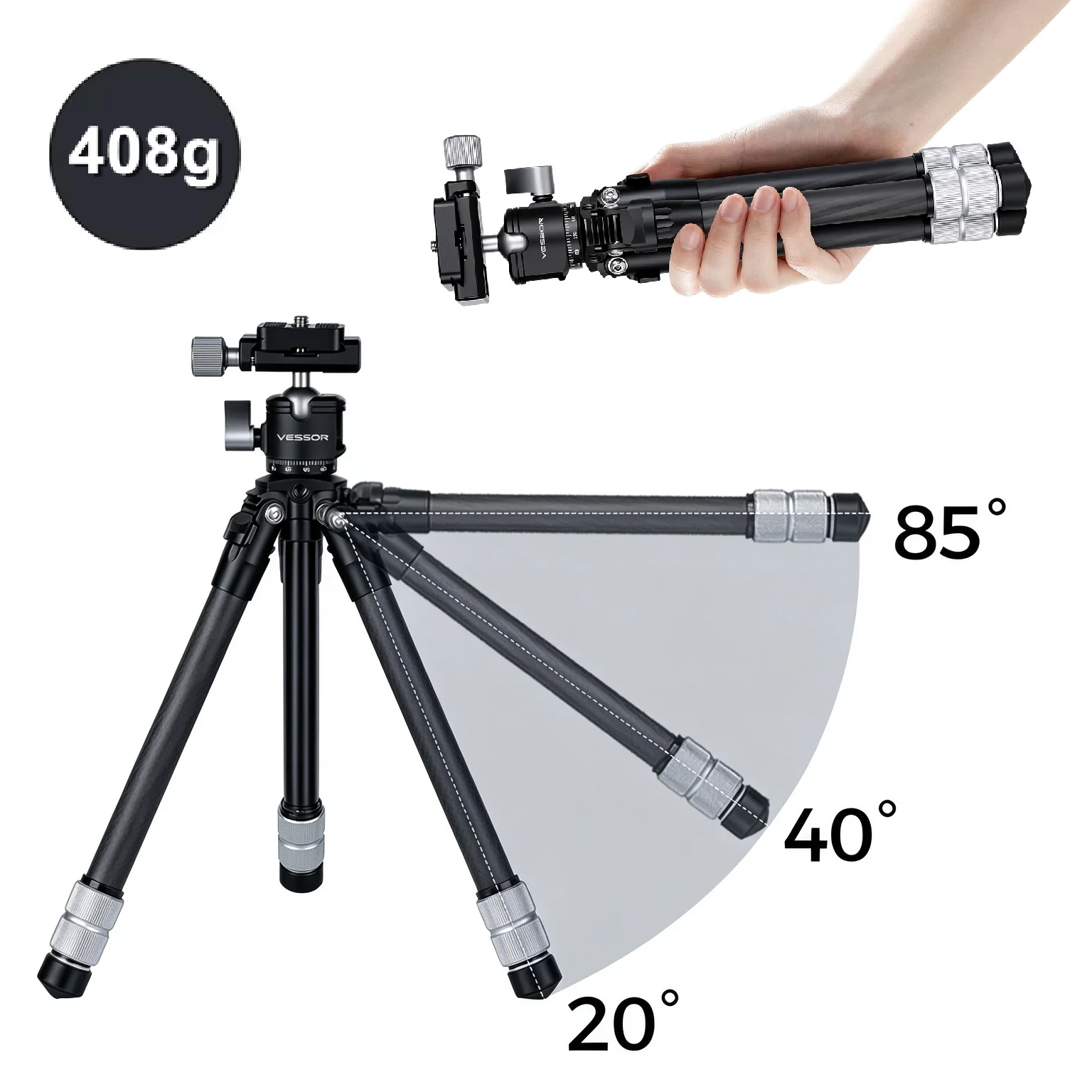 Professional Carbon Fiber Travel Tripod for Camera Canon Nikon Sony Fuji, Adjustable Height, 360°Rotatable Ballhead, for Video