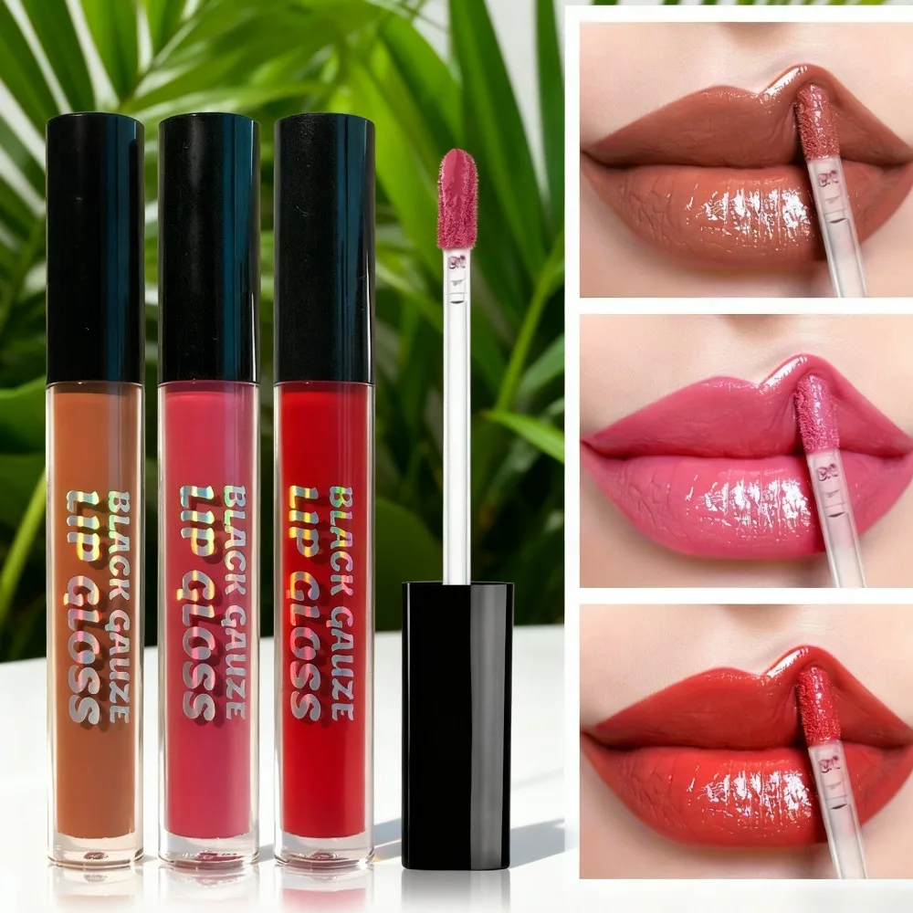 3-Color Black Gauze Lip Gloss - Shiny Glitter Lip Gloss, Long-Lasting Moisturizing Lip Gloss (Brown/Pink/Red) for Lips