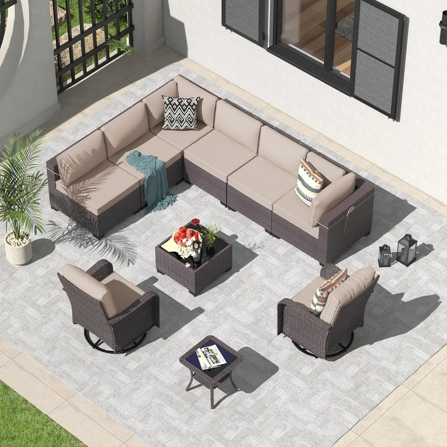 10-Piece Wicker Patio Set w/ 2 Swivel Chairs, Outdoor Sectional w/ Coffee Table & Washable Cushions, Customized