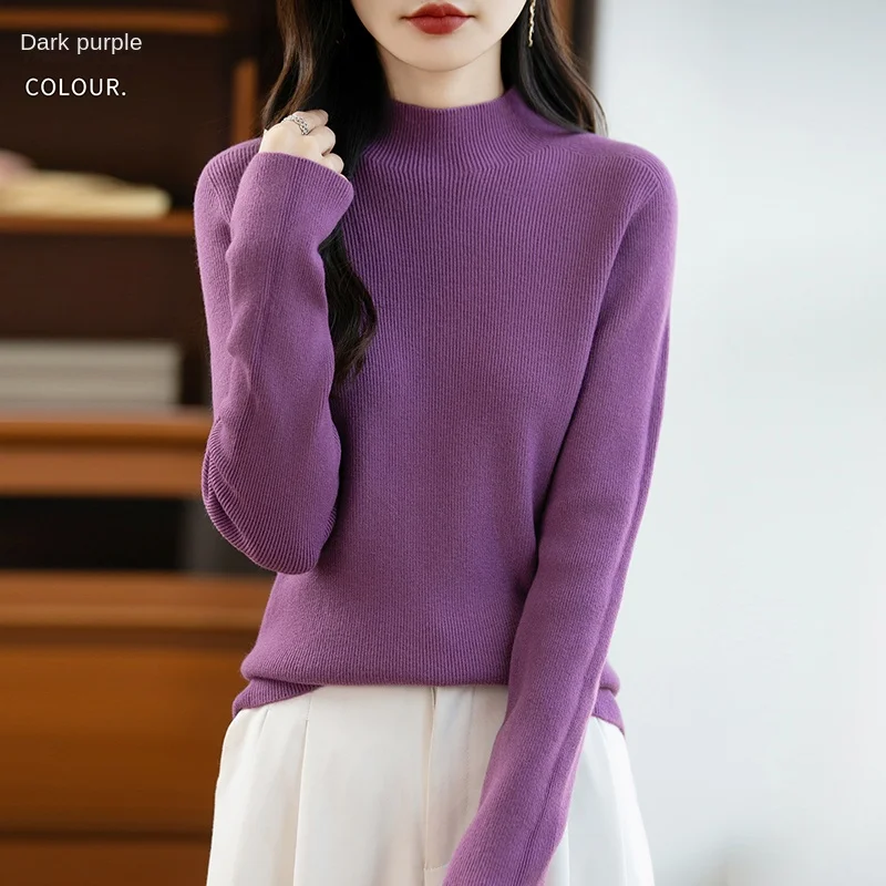 سترة محبوكة شبه عالية الرقبة على الموضة للخريف والشتاء، بلوفر نسائي بأكمام طويلة بلون سادة، سترة عالية المرونة-105