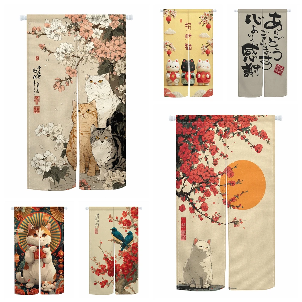 Rideau de porte Noren de Style japonais, chat porte-bonheur Sakura, décor pour salon, cuisine, chambre à coucher, cloison de confidentialité, demi-rideau suspendu