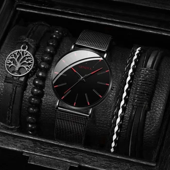 5PCS/zestaw modny zegarek męski luksusowy czarny pasek siatka ze stali nierdzewnej zegarek kwarcowy zestaw bransoletek (bez pudełka)