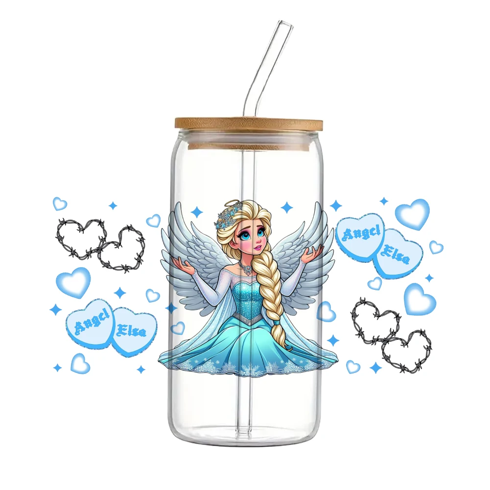 Disney Princess Frozen Elsa and Anna For Libbey 16oz Can Glass 3D Waterproof UV DTF Coffee Can Wrap Libbey Glass Wrap