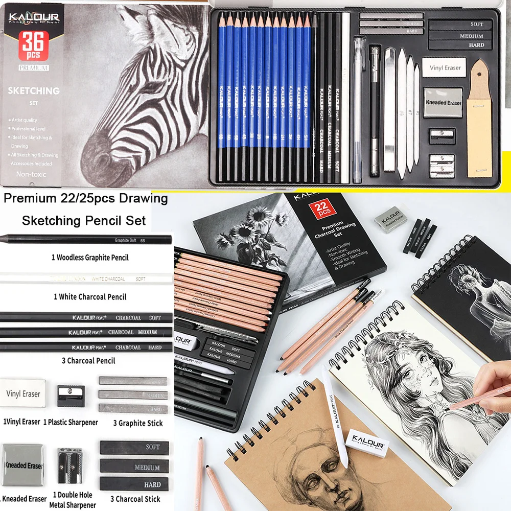

Набор карандашей для скетчинга KALOUR, 22/25/36 шт., полный набор с разным уровнем твердости, нетоксичный, профессиональный набор для художников, качественные принадлежности для рисования/шейдинга
