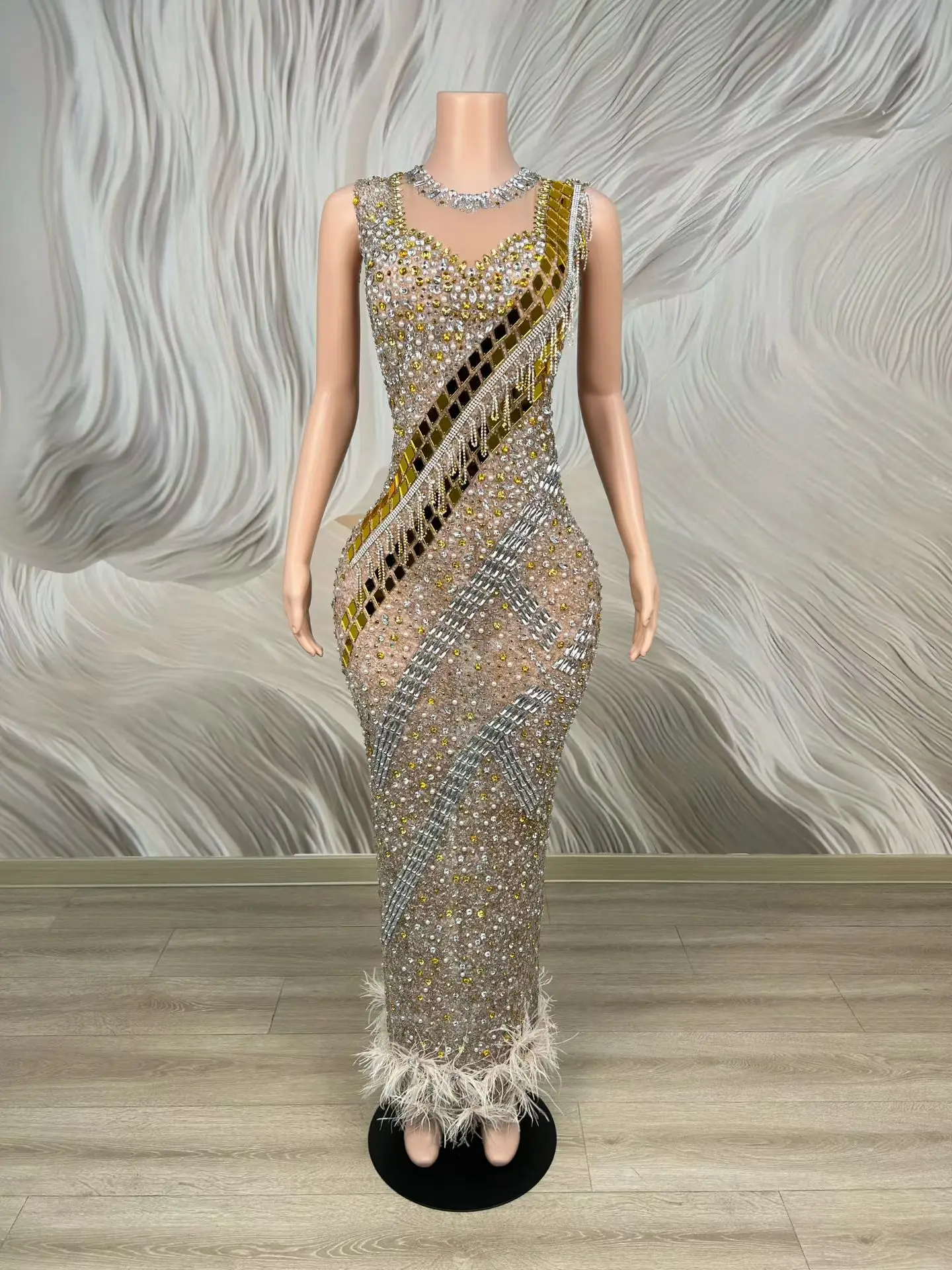 

Huangjinye Womens Gold and Silver Rhinestone Embellished Sleeveless Mesh Bodycon Maxi Dress with Feather Hem for Evening Party