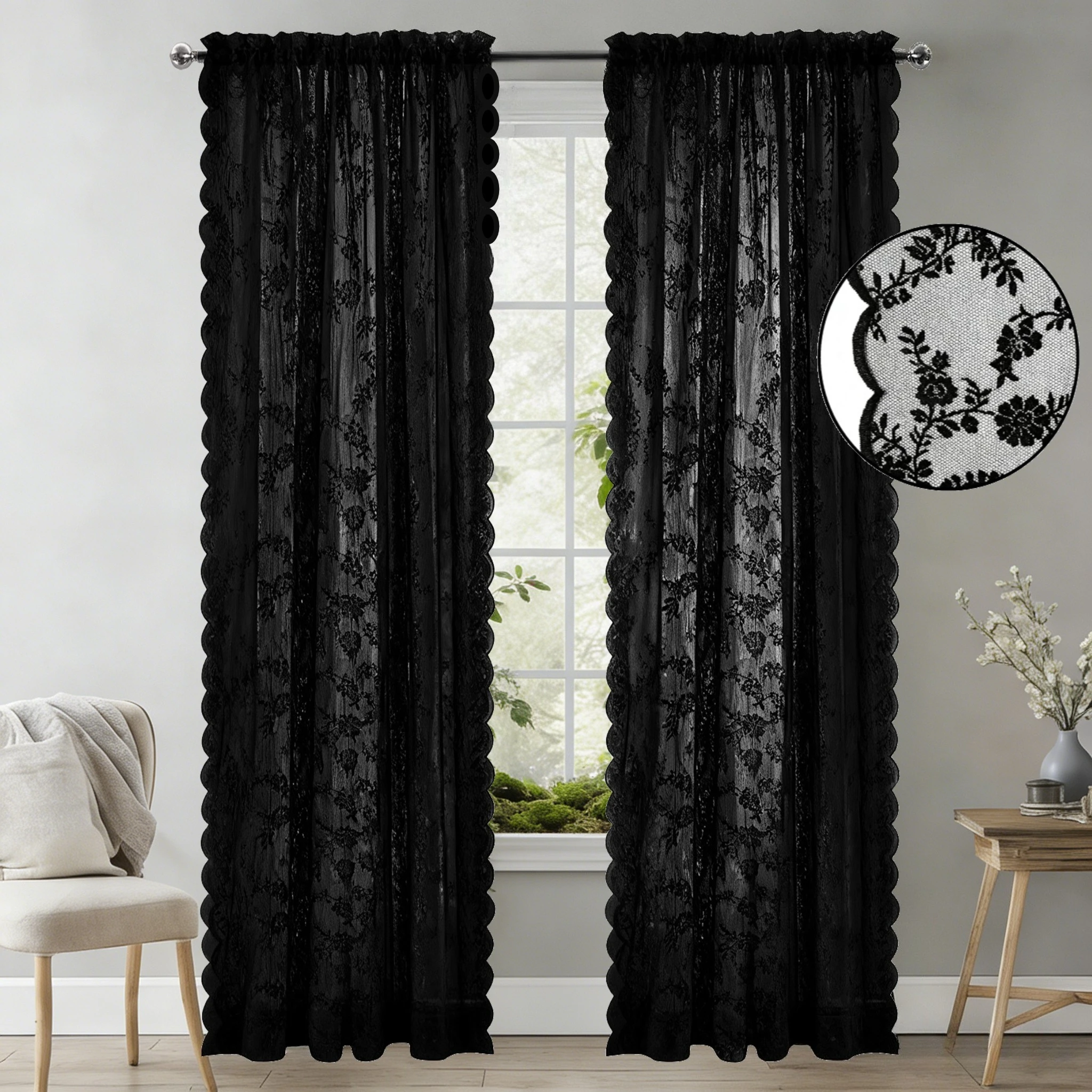 Cortina transparente de encaje Vintage, cortinas semitanventanas transparentes florales románticas para sala de estar, cortina de 2 paneles con bolsillo para barra